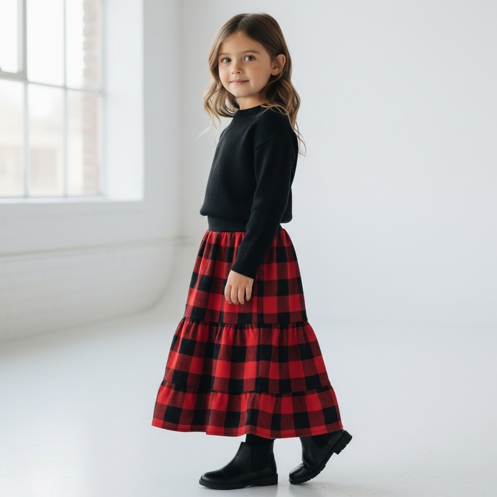 Skirt Flannel Girls 3/4 Maxi Red Buffalo Plaid Ruffle‎ Tier Mom and Pop's Kids